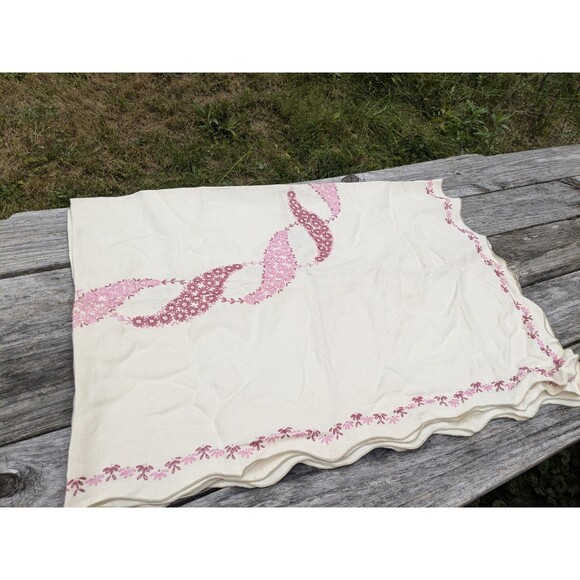 Vintage EMBROIDERED Rectangular Tablecloth Beige With Pink Floral + 6 Napkins - Picture 8 of 10